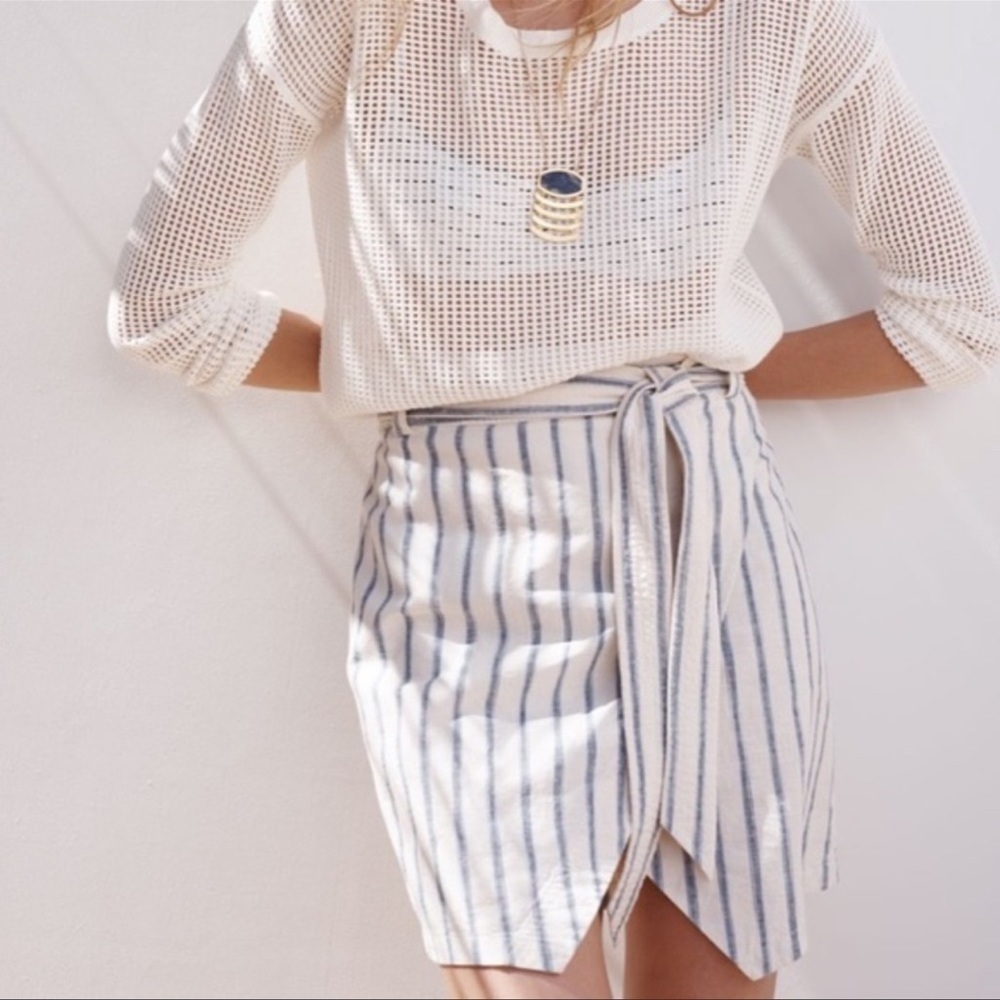 Madewell Linen cotton blend ivory blue stripes belted mini skirt Sz 6‎